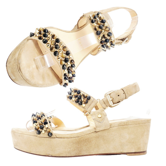 Christian Louboutin Platform Sandals Flat Wedge Gold Brown Spike Stud Tan EU 38 - Picture 1 of 9